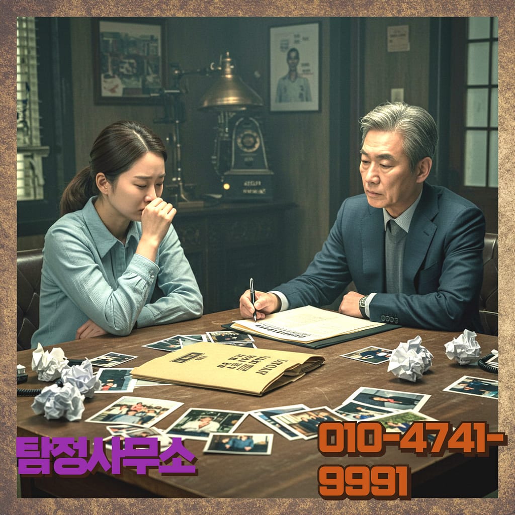 이혼증거물조사 관련 자료와 문서를 검토하는 탐정사무소 장면